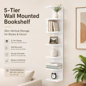 Multi-layer Wall-mounted Bookshelf White with Hooks, Durable PVC Material 5-Tier Storage, Easy Installation No Metal Pipes Required, Room/Bedroom/Entrance Hall, Ideal for Displaying Decorations and Green Plants (Model: DM148C)