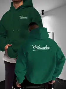 Men's Loose Hooded Long Sleeve Sweatshirt Milwaukee, Double-Sided Iron-Print, Urban Fashion Streetwear, Casual Fitted Sportswear, Sporty, Fall & Winter