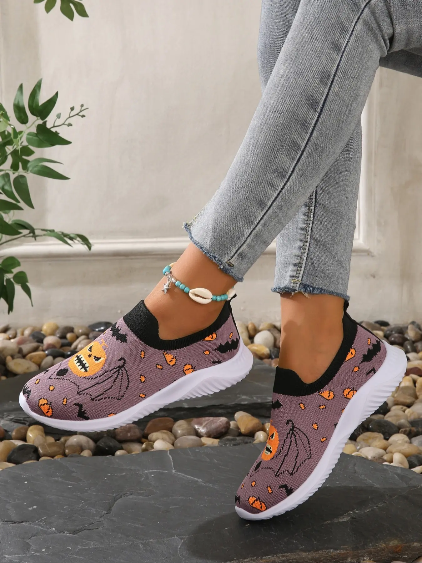 Halloween Pumpkin Head Women's Casual Slip-On Breathable Mesh Shoes, Fall Trendy Walking Shoes, Fashion Comfortable Ladies Footwear