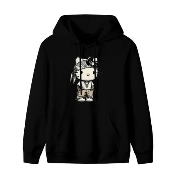 Sanrio Hello Kitty Black Hoodie, Street Style Long Sleeve Pullover Hooded Sweatshirt Casual Daily Outfit Gift for Girls Teens Women