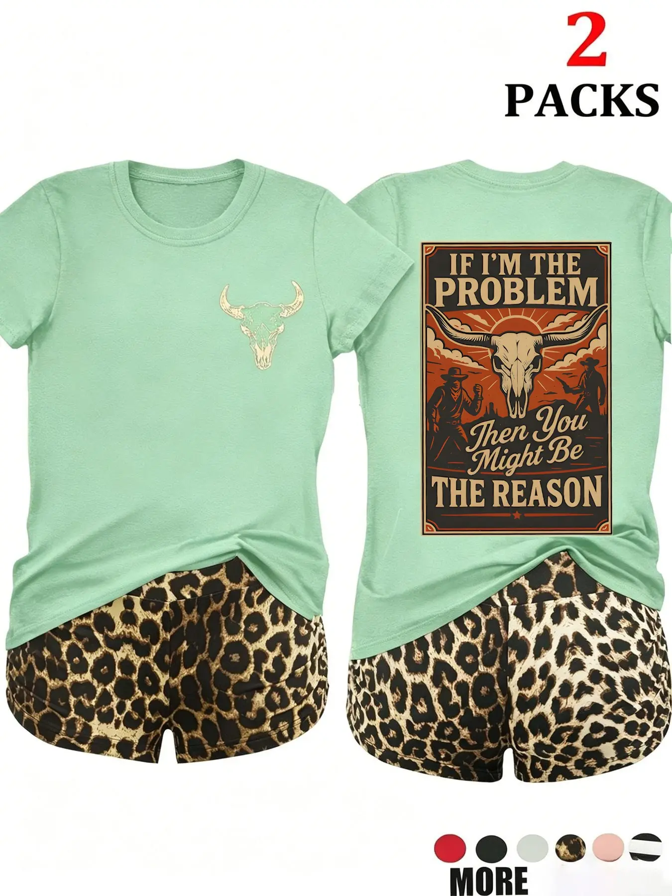 This 2-piece Matching set, Casual, Clothes, features a 'If I'm The Problem' themed printed short-sleeved T-shirt and leopard print shorts, made of soft and breathable fabric, the round neck is flattering, creating an American retro street style look