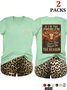 This 2-piece set features a "If I'm The Problem" themed printed short-sleeved T-shirt and leopard print shorts. Made of soft and breathable fabric, the round neck is flattering for all body types, easily creating an American retro street style look.