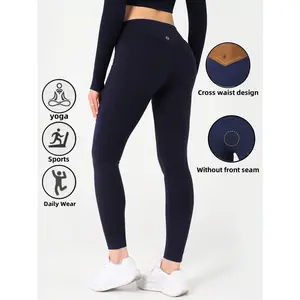Women's V-Shaped Cross Waist High Waist Pocket Yoga Pants, Casual Solid Color Spandex Nylon Knitted Fabric, Soft And High Elasticity, Suitable For Spring/Summer/Autumn, Sports Leggings, Gym Work Pants, Sports, Running, Cycling, Yoga, Kimchi Ball Sports, C