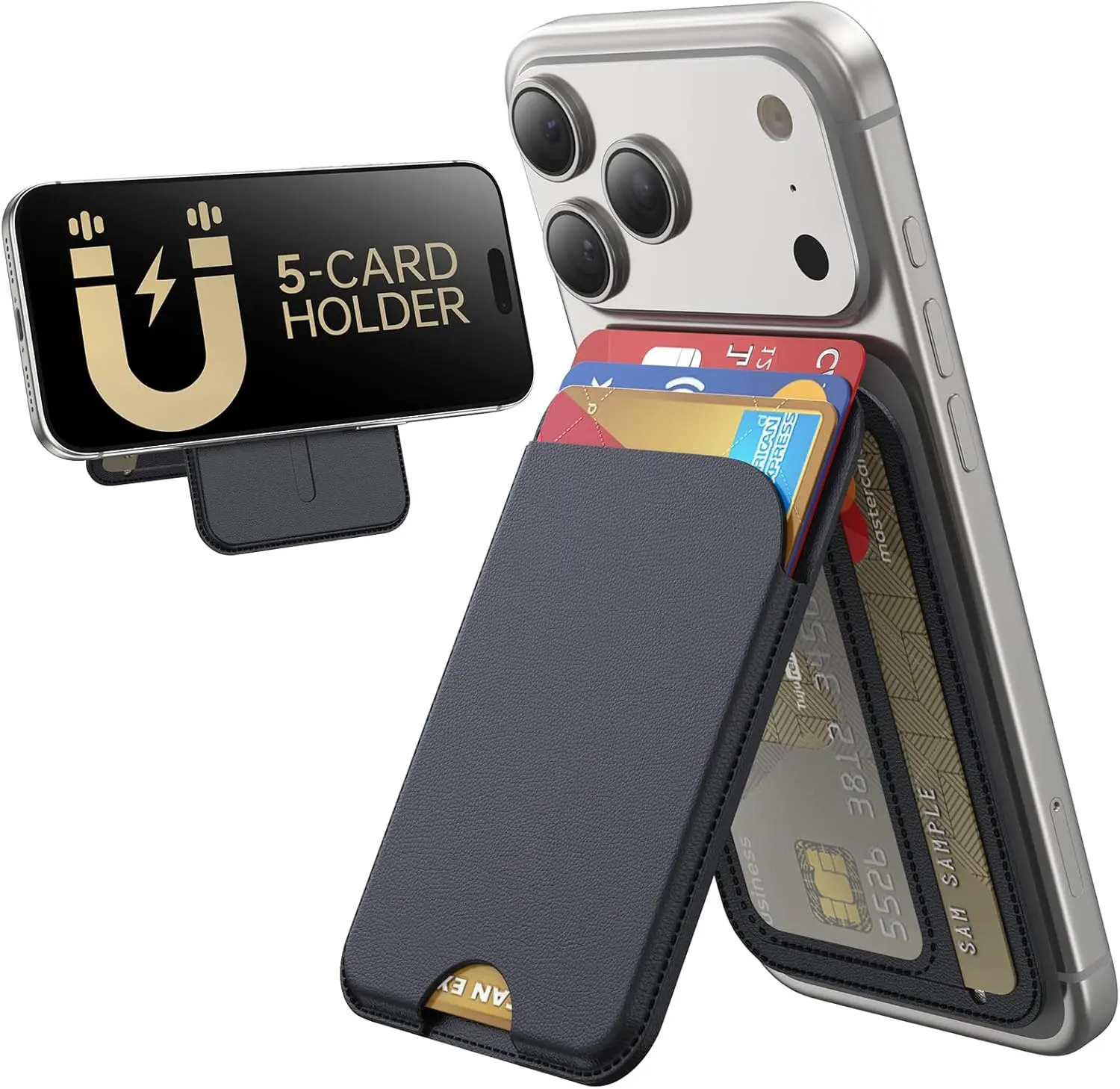 MagSafe Wallet, 5 Cards Holder with Stand, Magnetic Phone Wallet Stand for iPhone 17/16/15/14/13/12 Pro Max Air Plus Series, iPhone Findmy tracking, Vegan Leather,Black