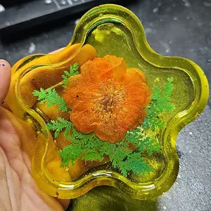 Yellow Flower Tray - Decorative Floral Design with Green Leaves and Orange Flower, Ideal for Home Decor