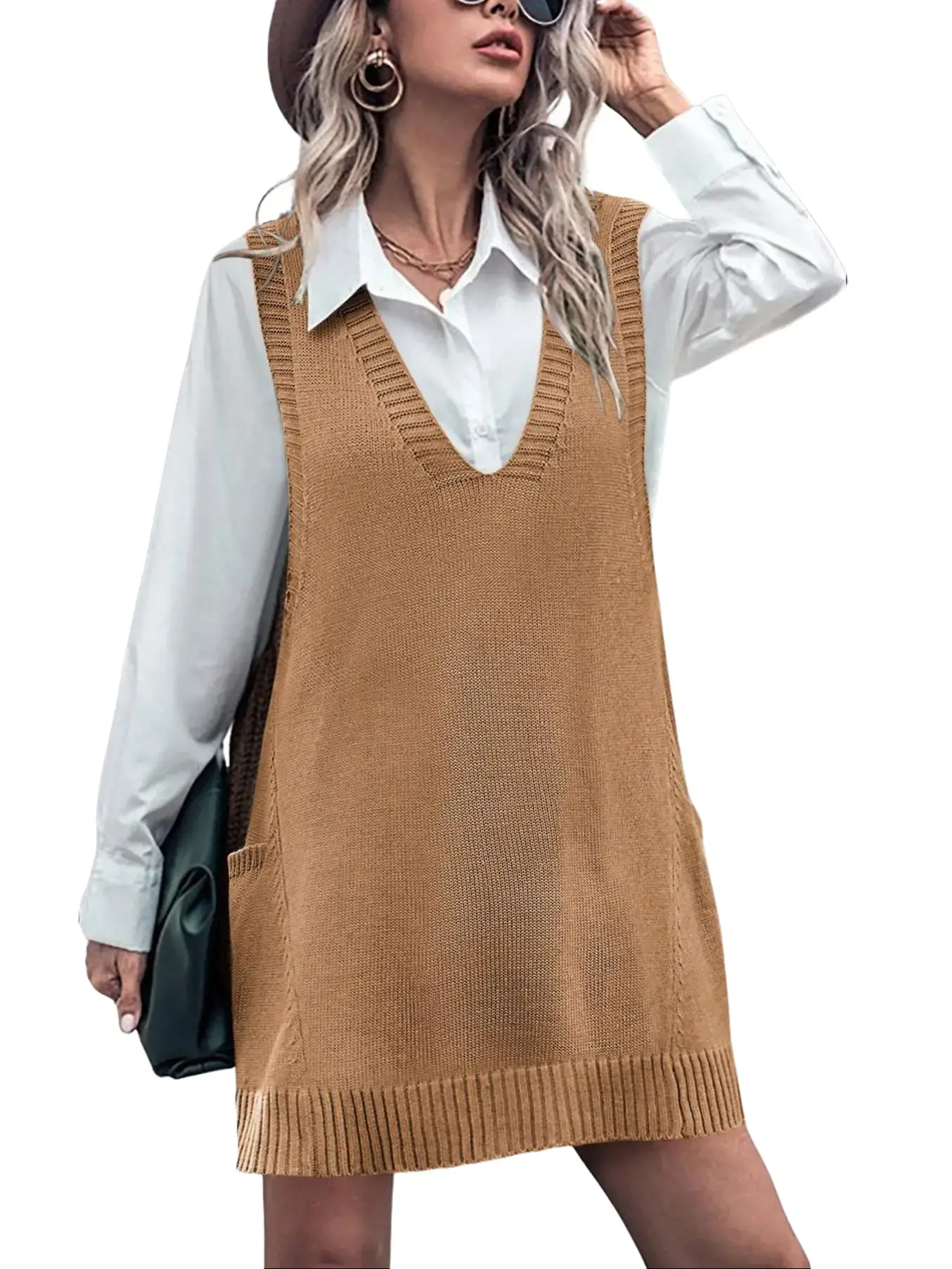 Women's Sleeveless V Neck Knit Sweater Vest Dress Casual Pullover with Side Pockets for Spring Basic Minimalist Womenswear
