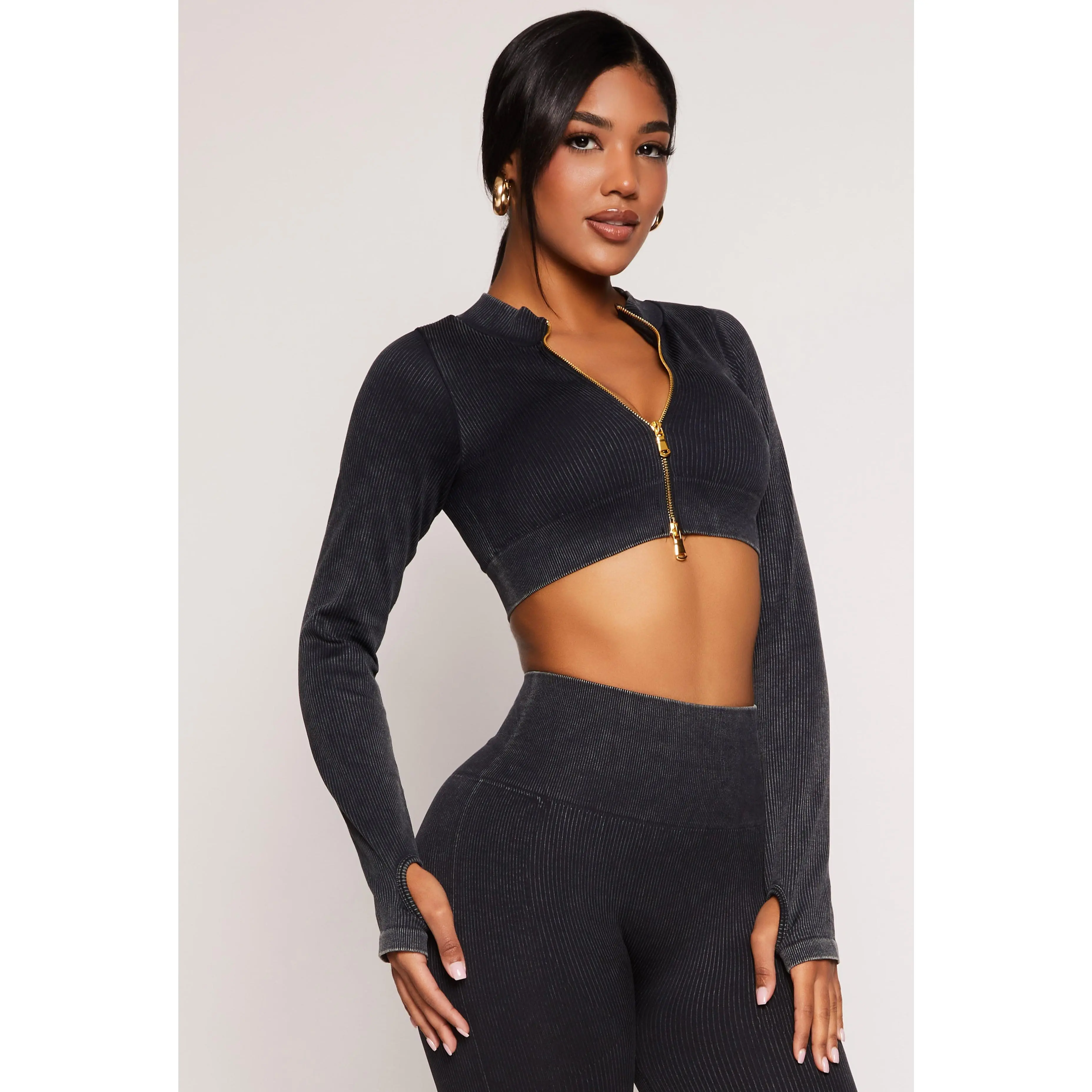 Daisy Ribbed Knit Cropped Track Jacket