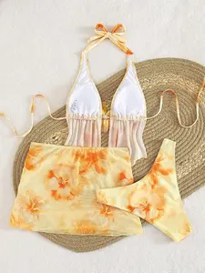 Womens 3 Piece Floral Bikini Set with Sarong Skirt & 3D Flower Halter Swimsuit Multiple Colors Beach Vacation Swimwear