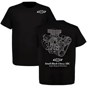 Small Block Chevy SBC Engine Blueprint Illustration T-shirt – Detailed Muscle Car Design, Premium Cotton, Perfect for Chevy Fans & Engine Enthusiasts, Vintage Style