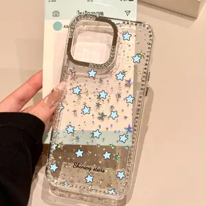 Sparkling Diamond Transparent Star Phone Case with Pearl Charm Strap for iPhone 16/15/14/13/12/11 Pro Max/Pro/Plus - Shockproof Protective Cover