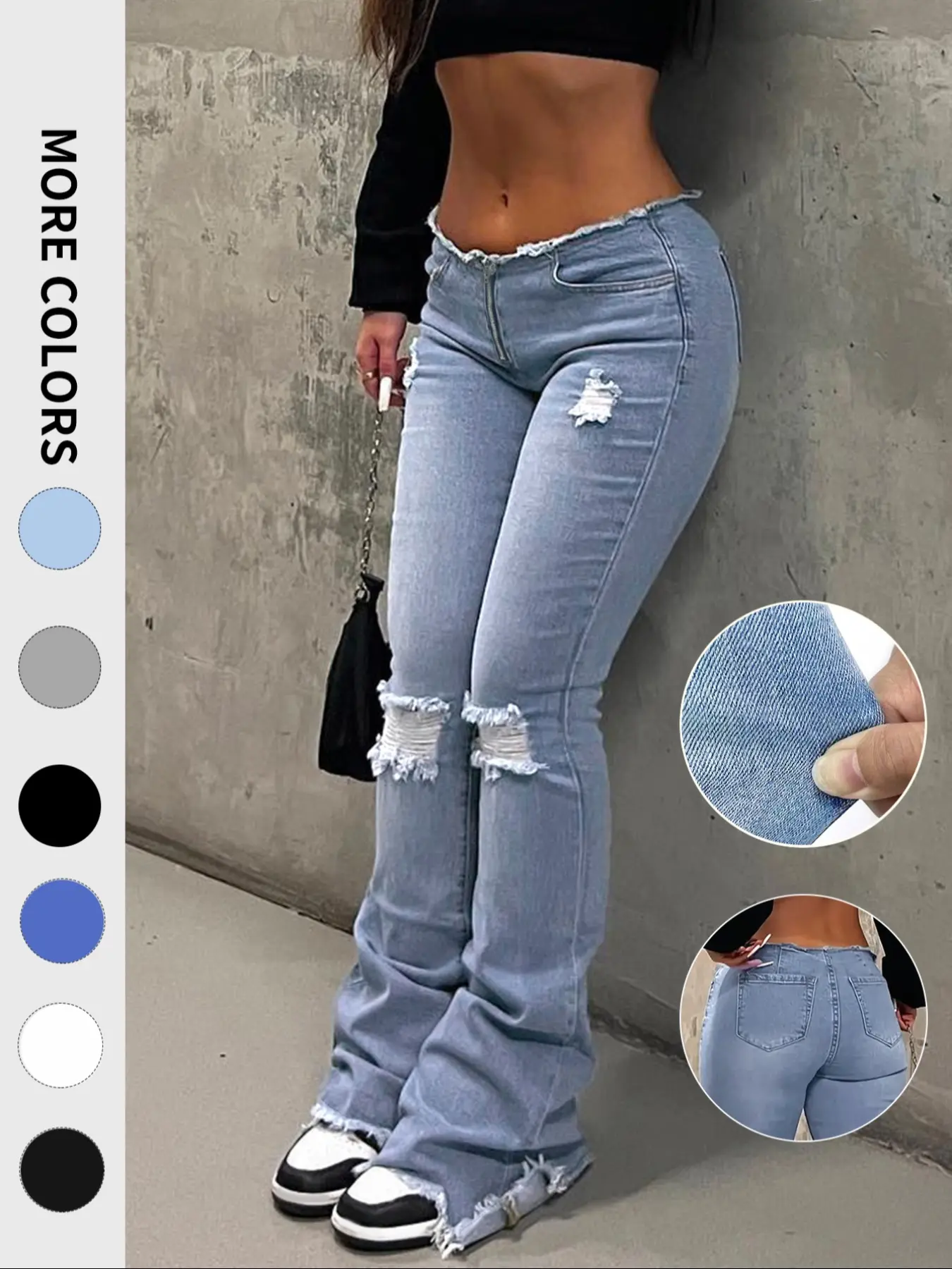 NVFelix Ripped Bell Bottom Flare Jeans Pants Women Casual Everyday Low Rise Destroyed Hem Denim for Boho Festival Concert Streetwear