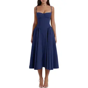 Womens Corset Dress Elegant Spaghetti Strap Midi Dress Flowy Pleated Hem Low Cut Prom Dresses Floral Bustier Dress