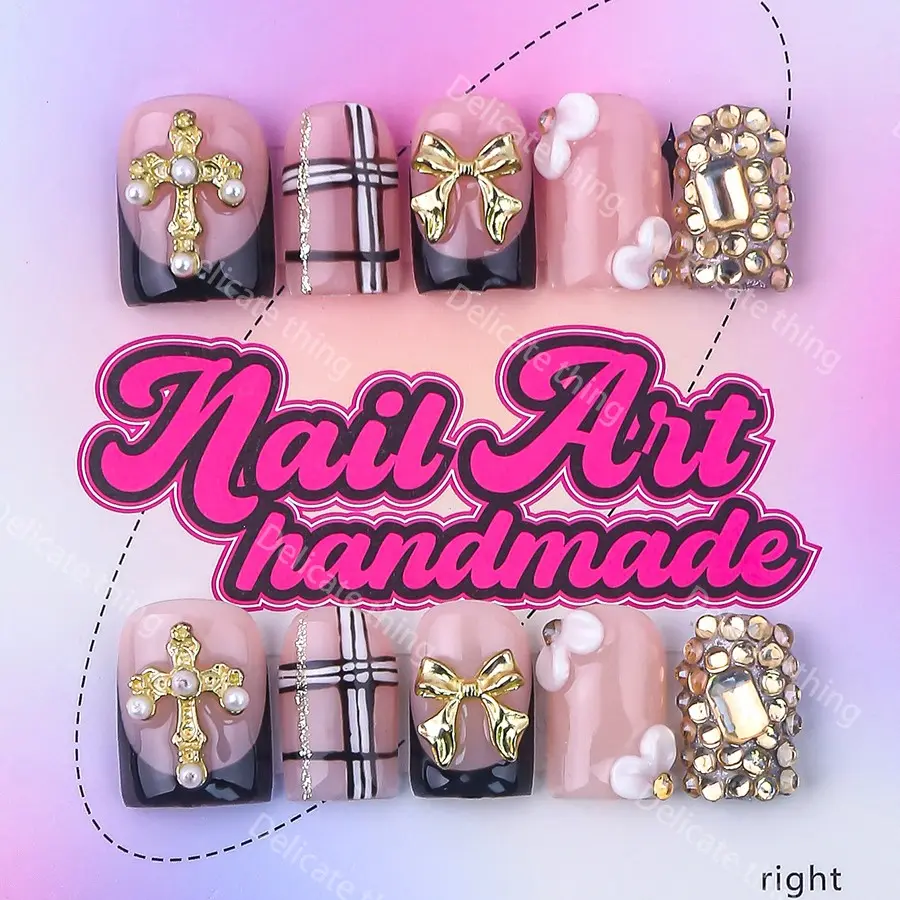 Delicatething Y2K Style Nail Set, Handmade Square Duckbill Nails, Nail Art, Nail Design, 4 Sizes XS S M L, Perfect Gift for Girls, Includes Jelly Glue Crystal Stick, Nail Art Products