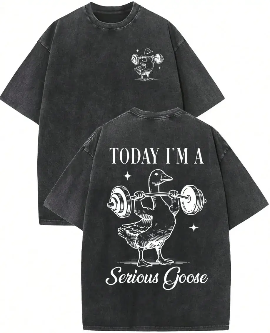 Men's Cotton Vintage Washed Black Oversized Short-Sleeve Breathable Fitness Tee - Double-Sided "Today I’m A Serious Goose" Weightlift Meme Print, Gym Streetwear Top