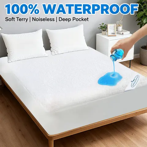Premium Terry Waterproof Mattress Protector, Ultra-Soft Breathable Noiseless Absorbent Mattress Topper Cover Solid Color Fitted Sheet with Deep Pocket, Bed Cover Protector for Kids Adults Pets, Machine Washable #TikTokShopFallDealsForYou