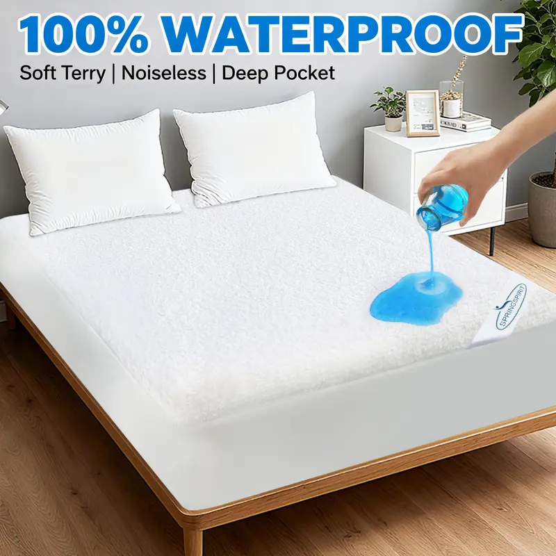 Premium Terry Waterproof Mattress Protector, Ultra-Soft Breathable Noiseless Absorbent Mattress Topper Cover Solid Color Fitted Sheet with Deep Pocket, Bed Cover Protector for Kids Adults Pets, Machine Washable #TikTokShopFallDealsForYou