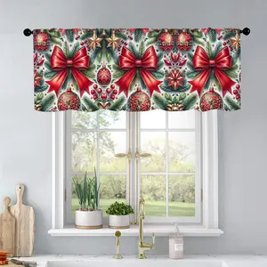 1pc Christmas and New Year printed kitchen curtains Christmas watercolor with red bow and or curtains valance window treatment living room bedroom home decor Home Decoration Curtain 54 x 18 inch
