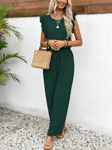 Two-piece women's solid color lace round neck fly sleeve sleeveless top   high-waisted straight-leg drawstring loose wide-leg thin casual set, suitable for summer, suitable for office commuting, leisure at home, gatherings and other occasions.