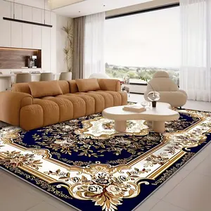 Deep blue vintage patterned carpet, large-size velvet rug, machine-washable and water-washable for easy maintenance, ultra-slip-resistant backing. Ideal for living rooms, bedrooms, dining areas, bedside placement, and indoor home decor.