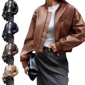 FMEYOA Womens Faux Leather Bomber Jackets Baseball Collar Zip Up Cropped Biker Coat with Pockets