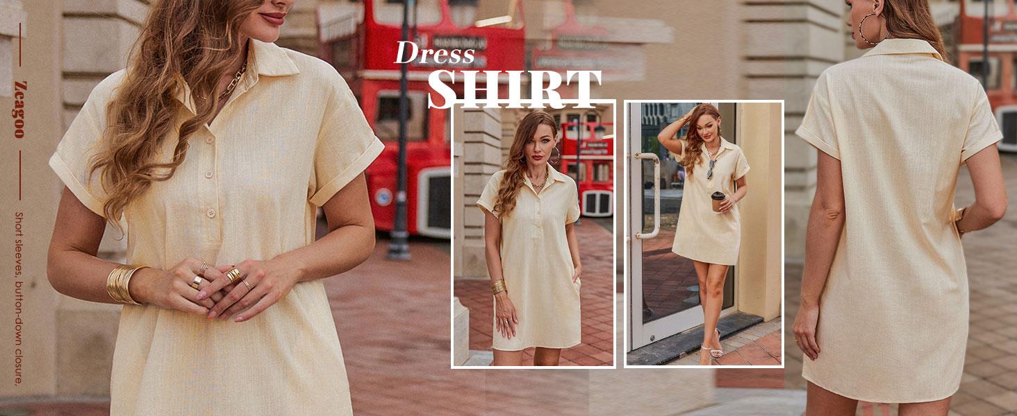Zeagoo Women's Cotton Shirt Dress Summer Casual Short Sleeve Button Down Beach Cover Up Shirts with Pockets
