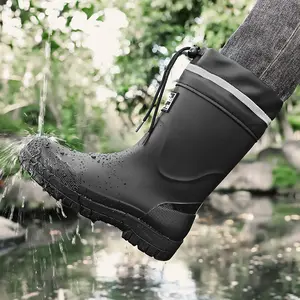 Men’s Mid-Calf Waterproof Rain Boots with Adjustable Drawstring Cuff | Anti-Slip Oil-Resistant Chevron Outsole, Easy-Clean PVC, Quick-Dry Breathable Lining, Farm, Warehouse & Delivery