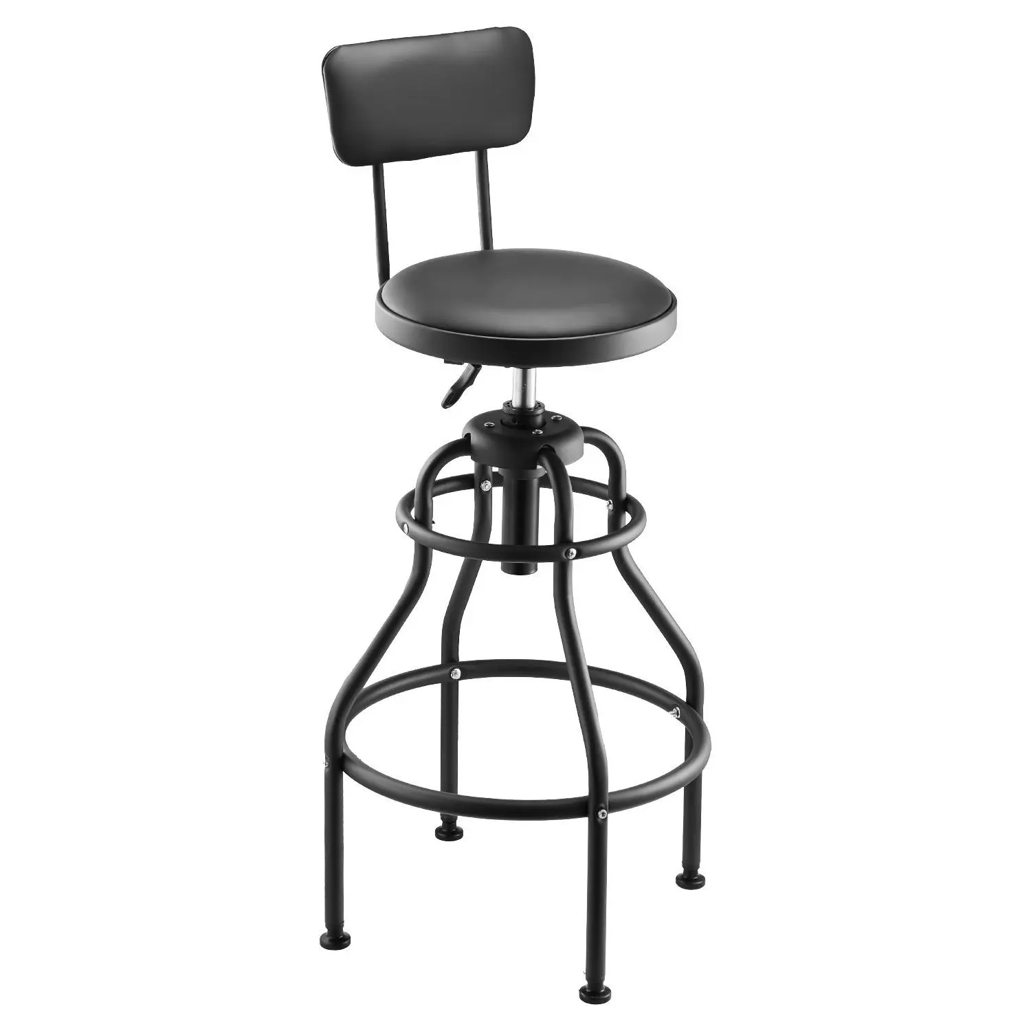 VEVOR Sturdy PU Leather Garage Shop Stool, Carbon Steel Pneumatic Height-Adjustable Seat with Backrest Lumbar Support, 300lb Capacity, 360° Swivel Roller Creeper for Auto Repair, Waterproof, Black, 18.9x18.9x40.6-44.9in