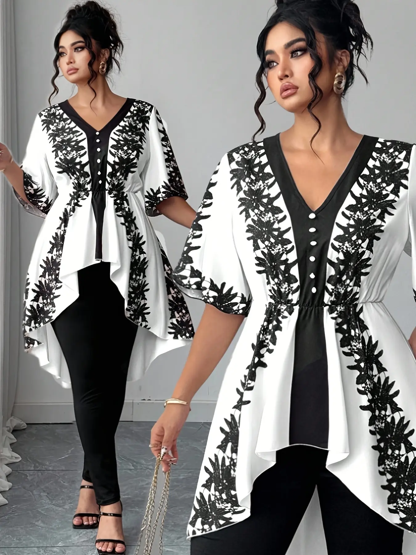 Women's Plus-Size Polyester V-Neck Short-Sleeve Floral Top - Button Detailing, Elastic Waistband, Short-Front Long-Back, Printed Front, Machine Washable Elongated Blouses & Shirts, Medium Length Elegant Camping Essential