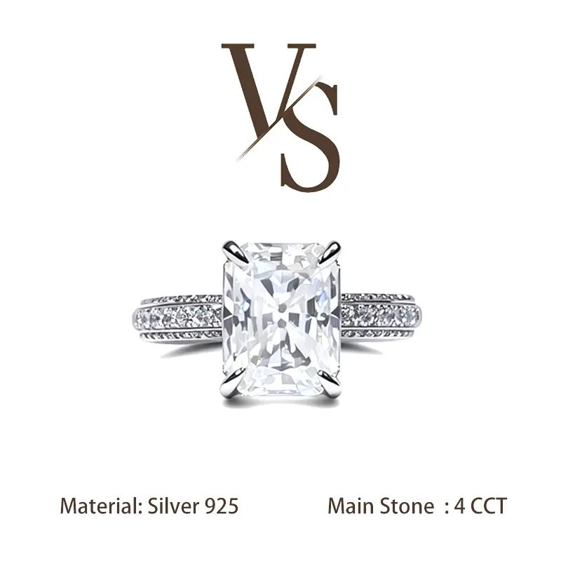 [Venus Jewelry] Synthetic Moissanite 4 CCT Radiant Luxury Design VVS 1 D Color Solid Silver 925 Triple :ayer Design Ring