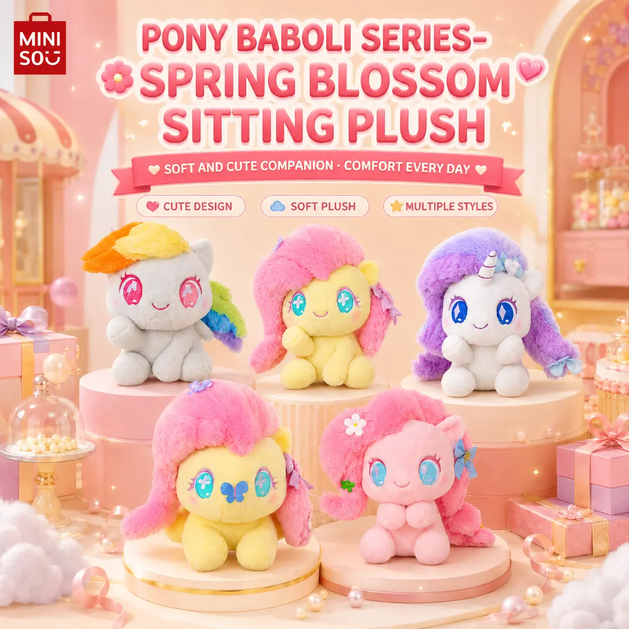 MINISO My Little Pony Series Chunqian Flower Belly-Lying Stuffed Doll - Cute Anime Manga Stuffed Toy, Soothing Decor, Ideal Birthday Gift for Kids, Anime Manga Stuffed Toys