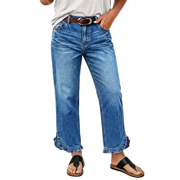 Flamingals Wash Ruffle Hem Mid Rise Straight Leg Cropped Jeans Without Belt Womenswear Stretchy 26" Inseam