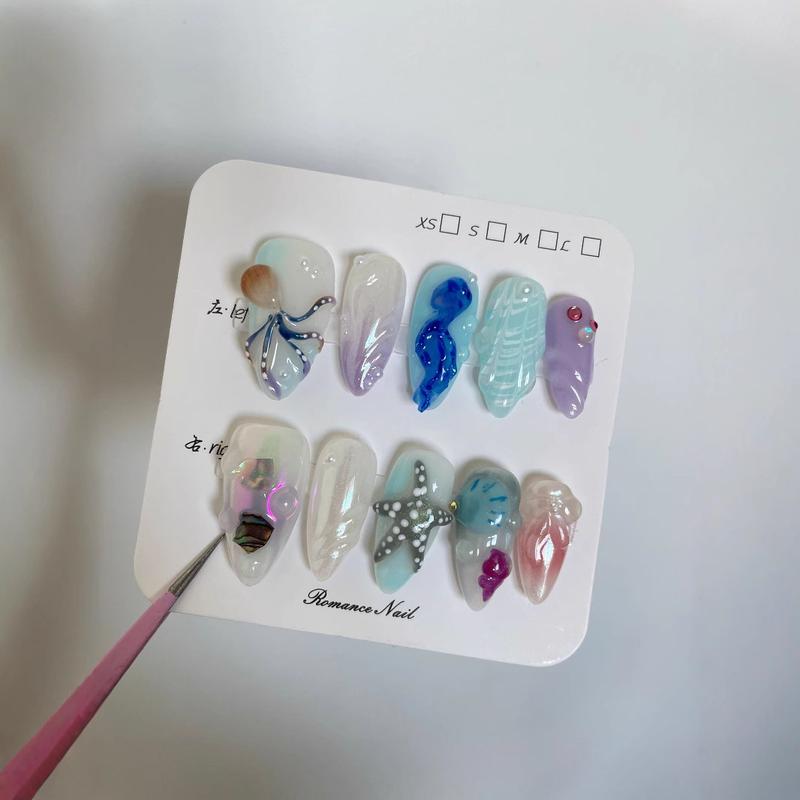 Hand-painted Happy Underwater World Almond Nail Art Set for Women with Rose Tulip Shell Bow Starry Sky Butterfly Leopard Print XINGX Almond Shape Manicure Kit