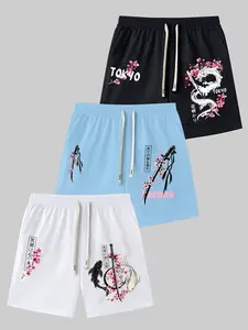 Men's 3-Piece Set Japanese Dragon Samurai Sword Koi Sakura Print Drawstring Waist Shorts, Summer Casual Outdoor Gym Shorts 3-Pack