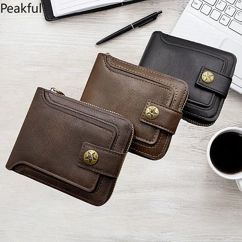 Vintage Men’s Wallet – High-Quality PU Leather, Solid Color Short Purse with Hasp & Zipper Clutch, Durable & Convenient for Everyday Use