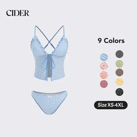 Cider Gingham Tankini Bikini Set – V-Neck Bowknot 2-Piece Swimsuit with Tummy Control， Lettuce Trim Detail for Beach Vacations & Pool Parties