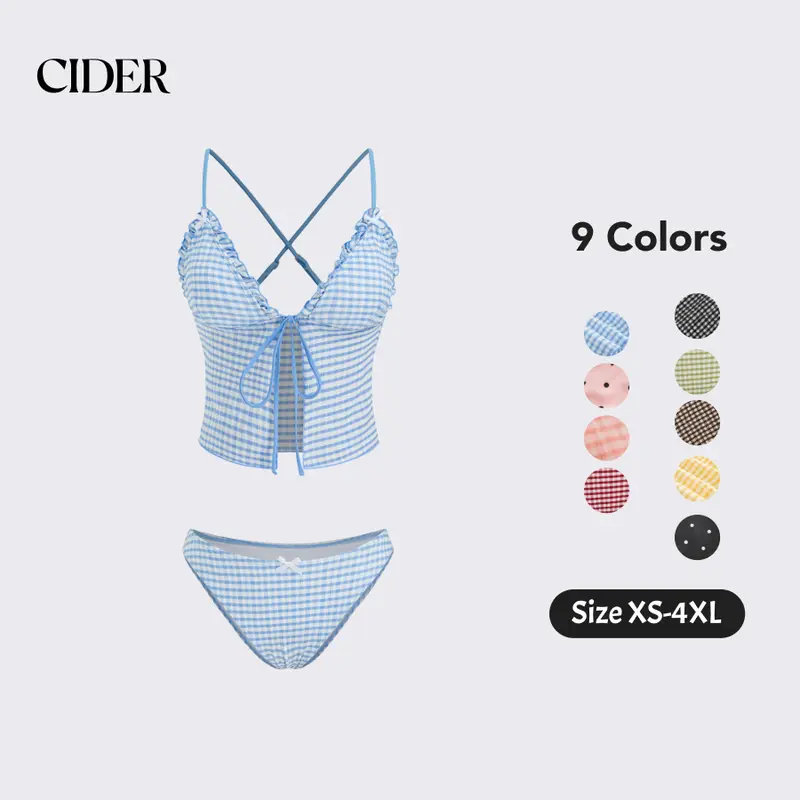 Cider Gingham Tankini Bikini Set – V-Neck Bowknot 2-Piece Swimsuit with Tummy Control， Lettuce Trim Detail for Beach Vacations & Pool Parties