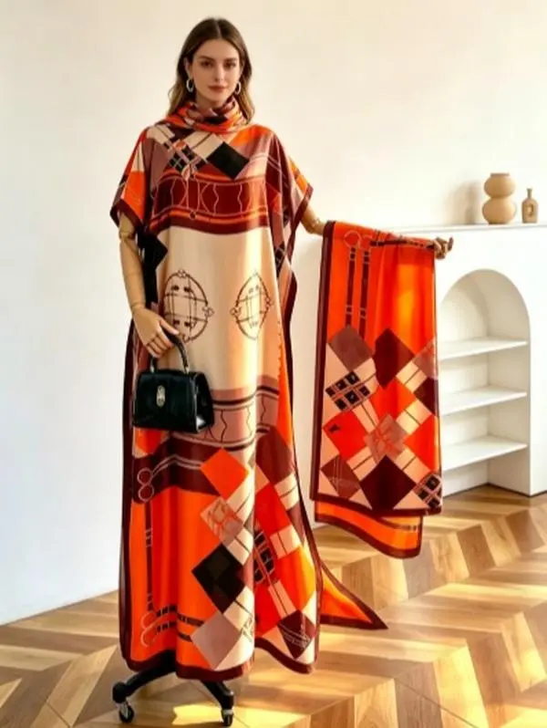 Women's 2-Piece Cape-Style Kaftan & Scarf Set - Female Casual Long Length Peacock Print Breathable Fabric Maxi Kaftan with Matching Scarf for Eid Celebrations, Brunch Dates