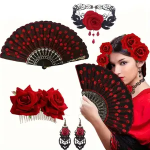 Pack of 4 Flamenco Dance Accessories Set - Women's Rose Hair Clip, Lace Necklace Earrings with Embellished Sequin Folding Fan - Vintage Red Roses Black Costume Outfit for Performances, Parties, Weddings, Carnivals