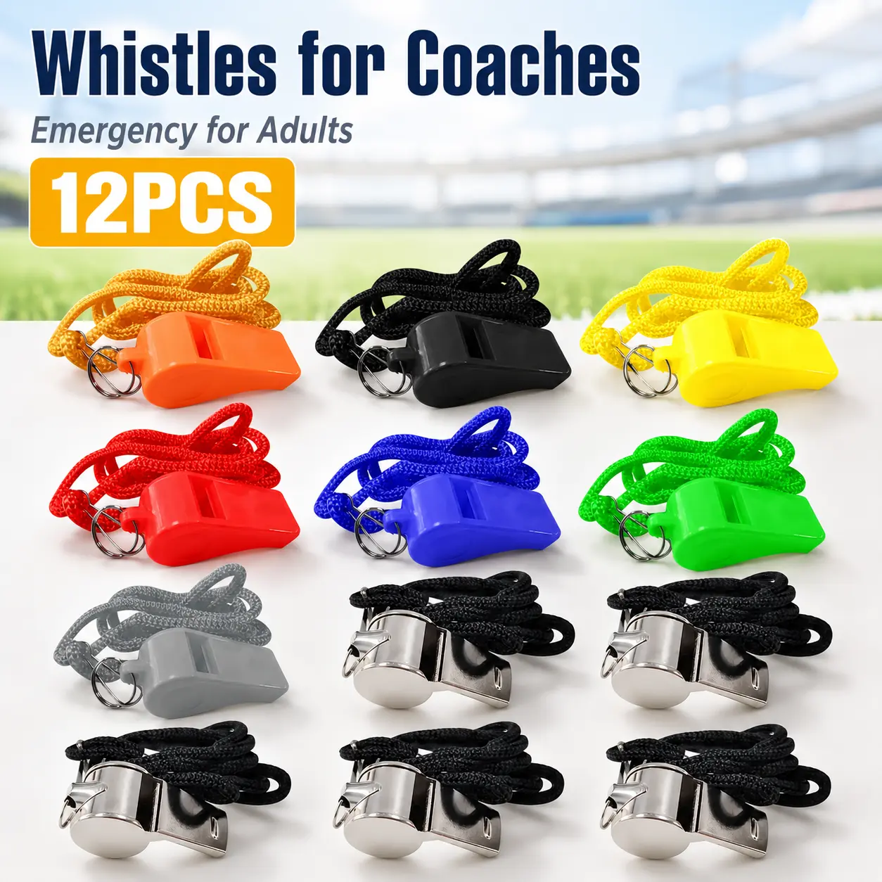 Whistle Whistles for Coaches Emergency for Adults with Black Lanyard 12-Pack