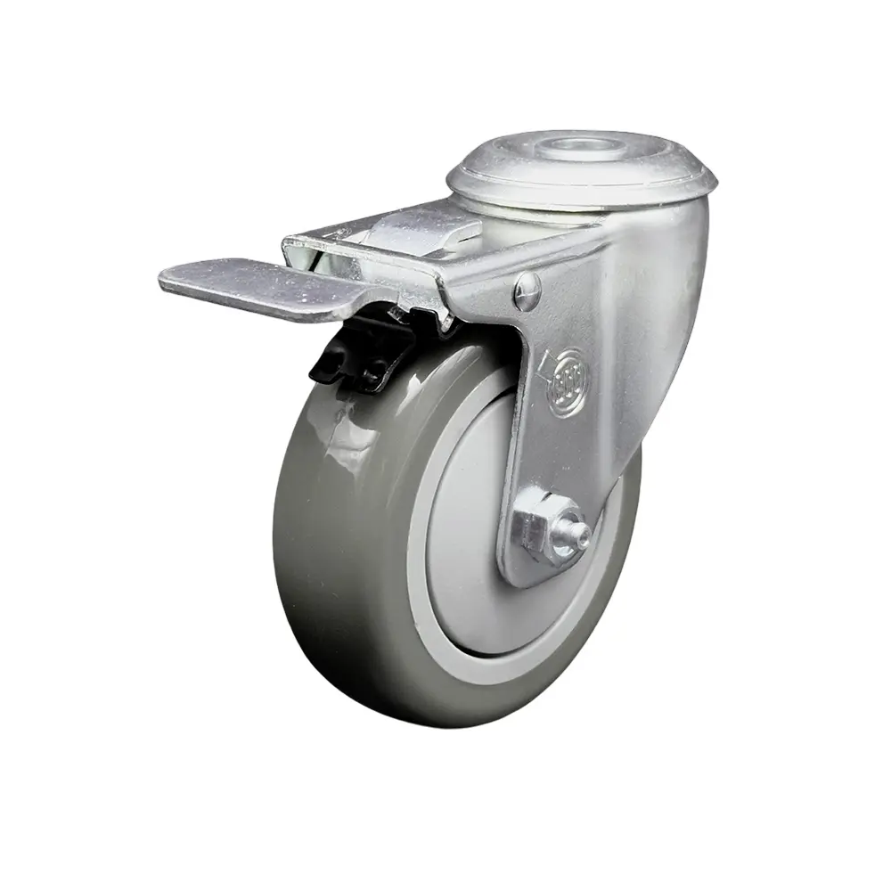 Service Caster SCC-SSBHTTL20S414-PPUB Stainless Steel Total Locking Swivel Bolt Hole Castors, Non-Marring Polyurethane Gray 4x1.25 in. Wheel Stoppers for Carts, 350 lbs Material Handling Equipment