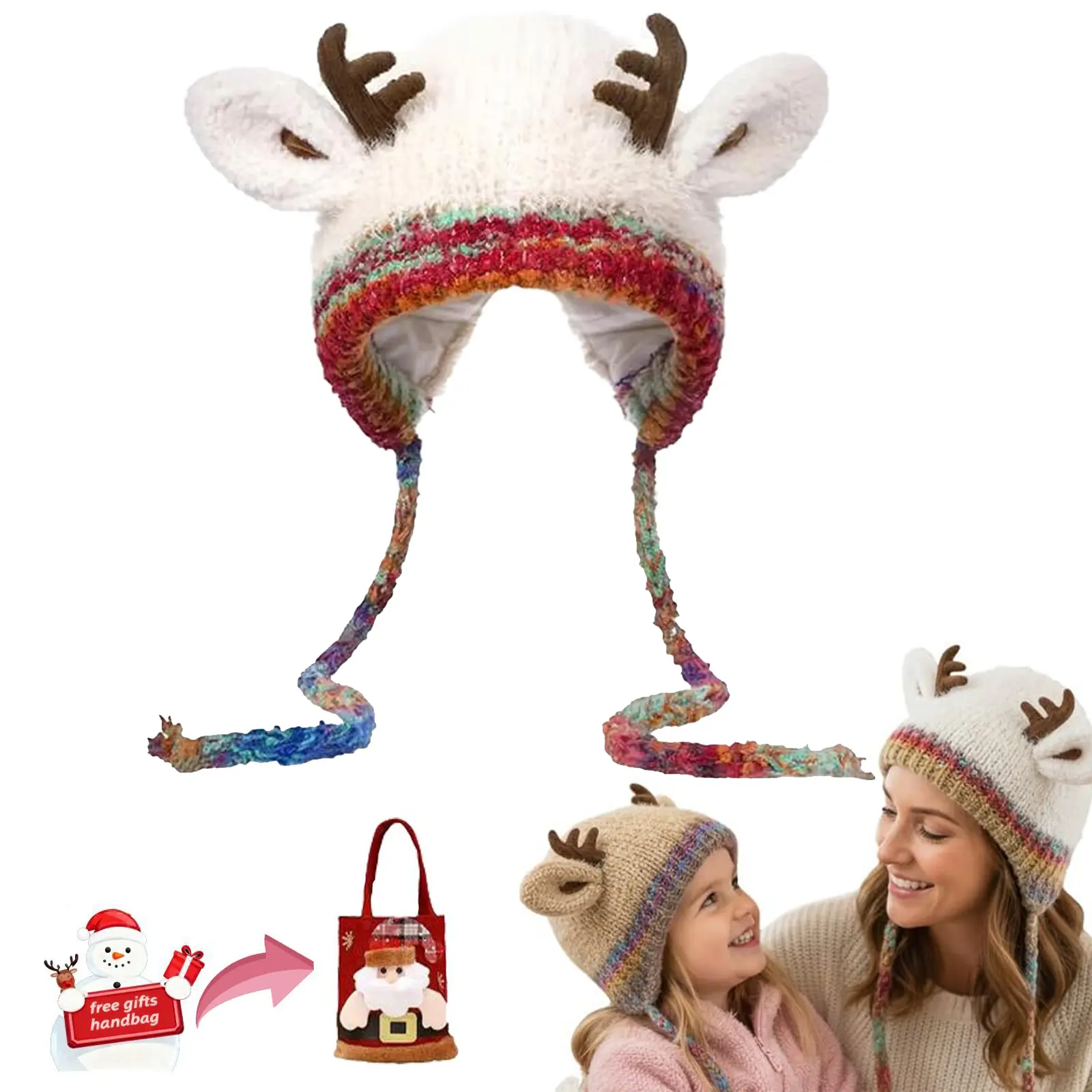 Funny Animal Hat, Soft Knitted Reindeer Beanie with Firm Antlers and Ear Flaps, Cute Christmas Accessories for Adults & Kids, Funny Hat, Animal Hats