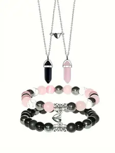Natural Crystal Stone Bracelet & Necklace Pendant Jewelry Set, Couple Bracelet Necklace Jewelry, Magnetic Love Bracelet Hexagonal Column Necklace, Jewelry Gift for Lovers, Alloy Chain Material
