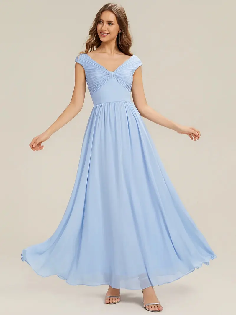 EVER-PRETTY Elegant Pleated Chiffon V-Neck Cap Sleeve Maxi Dress for Wedding Guest, Bridesmaid & Evening Party ES02695