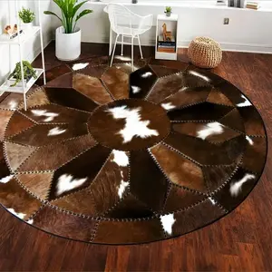 Round Cowhide Texture Carpet, Vintage American Ethnic Style Rug, Soft Comfortable Plush Foot Pad, Hand Wash Only, for Living Room Bedroom