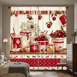 Plaid Curtains with Fruit Illustrations, Polyester Fabric, Light Filtering, Bedroom Living Room Decor