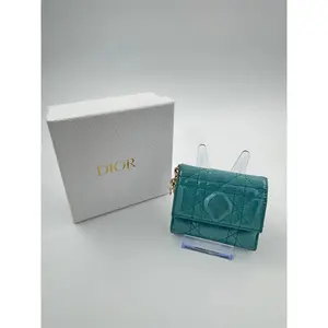 Pre-owned Dior Patent Leather Wallet Christian Cannage Compact in Teal Blue with Charms