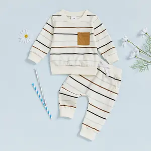 Toddler Baby Boys Fall Winte 2Pcs Pants Sets Long Sleeve Striped Tops Drawstring Pants Sets 0-3 Years
