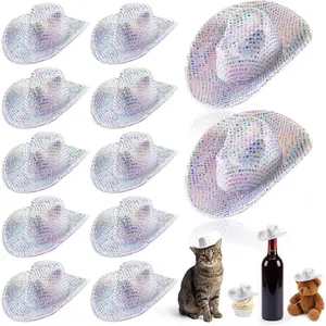 12 Pcs Mini Cowboy Hat Tiny Disco Glitter Hats for Crafts Little Miniature Western Hats for Doll Dessert Pet Gifts