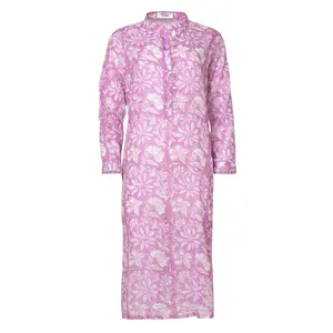 Lulu Lilac Hand Block Print Long Sleeve Shirt Dress for Autumn Beach Casual Wear Soft Cotton Garment with Hidden Pockets