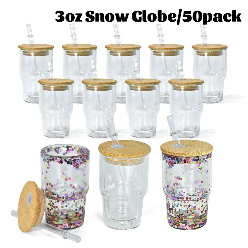 Crafix 50-Pack 3oz Sublimatable Double Wall Round Glass Tumbler Cups - Pre-Drilled Festive Globe Drink Bottles with Straw, Splashproof Silicone Plug, Reusable Bamboo Lid, Portable Washable Kitchenware Gifts, Cup